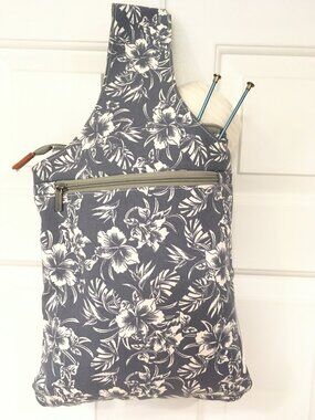 Teamoy Knitting Tote Bag Canvas Zippered Blue Floral Multiple Storage Pockets